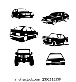 logotipos y pegatinas de coches, sedans de pasajeros, vagones de estaciones y vehículos todoterreno. Ilustraciones de vectores planos en blanco y negro