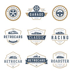 Car Logos Templates Vector Design Elements Set, Vintage Style Emblems And Badges Retro Illustration. Classic Cars Repairs, Tire Service Silhouettes.