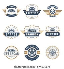 Car logos templates vector design elements set, vintage style emblems and badges retro illustration. Classic cars repairs, tire service silhouettes.