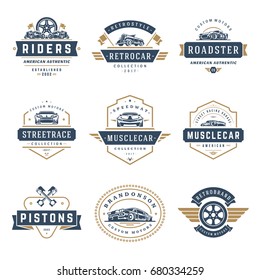 Car logos templates vector design elements set, vintage style emblems and badges retro illustration. Classic cars repairs, tire service silhouettes.