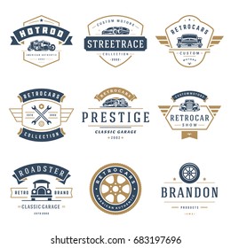 Car logos templates vector design elements set, vintage style emblems and badges retro illustration. Classic cars repairs, tire service silhouettes.