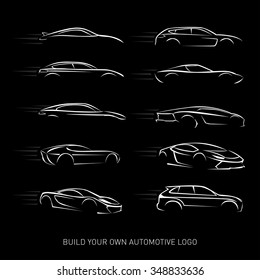 Car logotypes Silhouette - car service and repair, vector set. Car logo. Isolated vector illustrations. Black and white version.