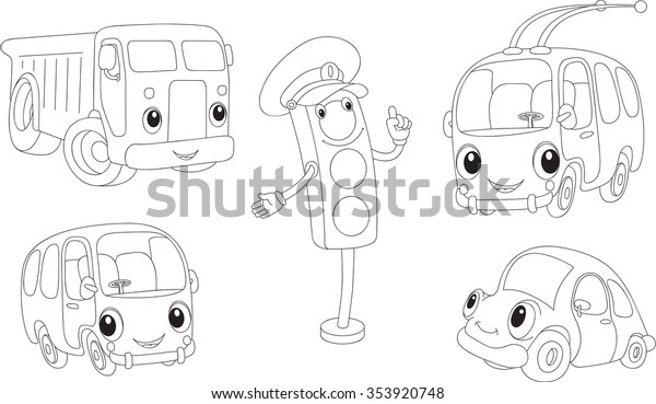 Car, lorry, bus, trolleybus and traffic\
lights. Coloring book. Vector\
illustration