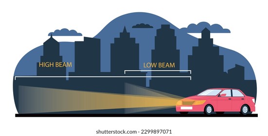 Car with low and high beams, in background of night city. Sedan automobile with bright headlights in urban landscape, glowing xenon lamps, cartoon flat style isolated vector concept