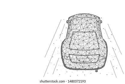 Car low poly design, transport abstract geometric image, fast driving wireframe mesh polygonal vector illustration made from points and lines on white background