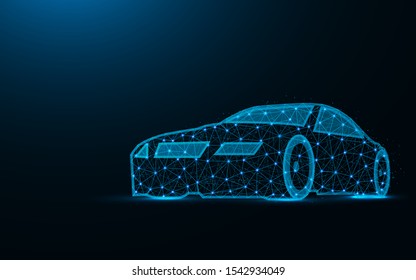 Car low poly design, transport abstract geometric image, driving wireframe mesh polygonal vector illustration made from points and lines on dark blue background