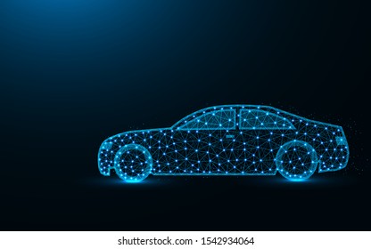 Car low poly design, transport abstract geometric image, driving wireframe mesh polygonal vector illustration made from points and lines on dark blue background