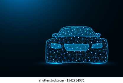 Car low poly design, transport abstract geometric image, driving wireframe mesh polygonal vector illustration made from points and lines on dark blue background