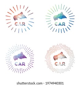 CAR low poly sunburst set. Logo of country in geometric polygonal style. Vector illustration.