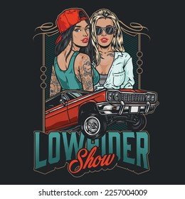 Car lowrider show colorful flyer two woman with retro auto are invited to visit festival of street racers vector illustration