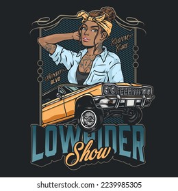 Car lowriding show poster colorful Latino American cool tattooed girl invites racers and car enthusiasts to festival vector illustration
