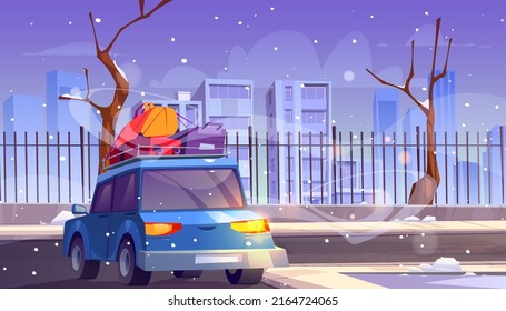 Car With Luggage And Bags On Roof Rear View Driving Asphalt Road At Winter Cityscape Background With Falling Snow And Modern Megapolis Architecture. Relocation, Travel Cartoon Vector Illustration