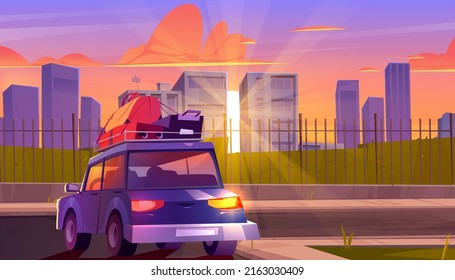 Car With Luggage On City Street With Fence And Houses At Sunset. Vector Cartoon Illustration Of Summer Urban Landscape With Road, Sidewalk, Green Bushes And Auto With Baggage On Roof