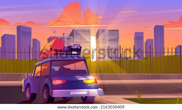 Car with\
luggage on city street with fence and houses at sunset. Vector\
cartoon illustration of summer urban landscape with road, sidewalk,\
green bushes and auto with baggage on\
roof