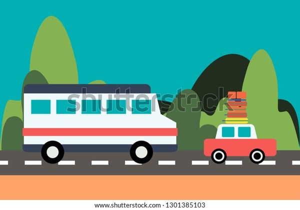 Car with luggage on the roof and bus ride on the\
highway. Vehicles for family holidays on nature background. Side\
view. Trip concept for infographics, catalogs, information, travel.\
Trendy flat style