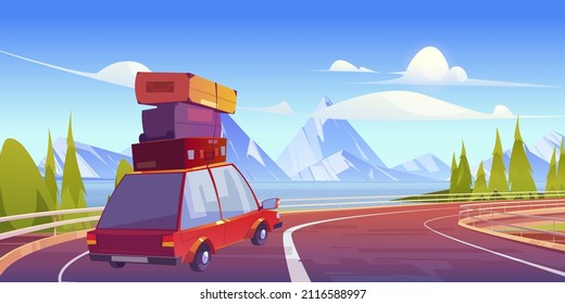 Car with luggage on roof drive on overpass road on lake shore with mountains on horizon. Vector cartoon illustration of summer landscape with highway bridge, river, white rocks and auto with suitcases