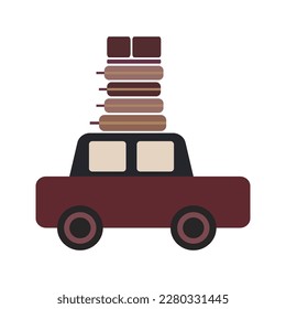 Car with luggage on roof for family travel. Side view. Road transport image isolated. Domestic vacation trip and auto road tour planning. Automotive template for vehicular family journey advertising.