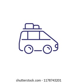 Car with luggage on roof line icon. Vehicle, suitcase, road. Adventure concept. Vector illustration can be used for topics like moving house, transportation, trip