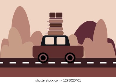 Car with luggage on the roof rides on the highway. Vehicle transport with baggage for family trip. Side view. Image of car on a red-brown background. Concept of a trip by car for a family holiday.