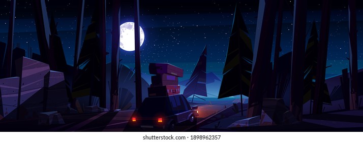 Car With Luggage On Roof On Road At Night. Vector Cartoon Landscape With Coniferous Forest, Highway, Mountains, Moon And Stars On Sky. Concept Of Auto Trip, Journey And Travel