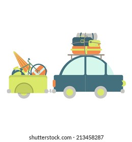 Car with luggage trailer. Many bags, bike, ball toy, beach umbrella. White background.