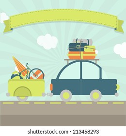 A car with luggage trailer, many bags and a ribbon for insert text. Vacation travel card