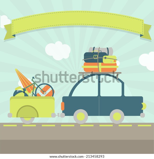 A car with luggage trailer, many\
bags and a ribbon for insert text. Vacation travel\
card