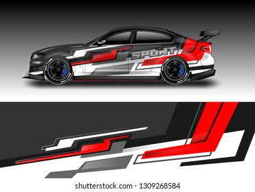 Car luxury wrap decal design vector. Graphic abstract background kit designs for vehicle, race car, rally, livery red