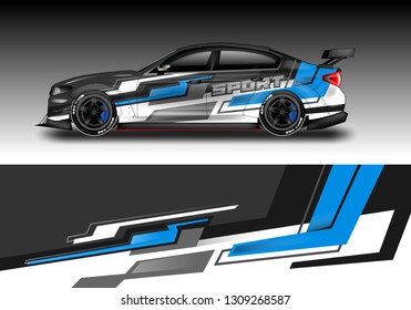 Car luxury wrap decal design vector. Graphic abstract background kit designs for vehicle, race car, rally, livery blue