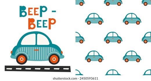 Máquina de coche en estilo doodle en la carretera para los niños póster, volante, camiseta y pijama de impresión. Abstractas patrón sin costuras con el coche para la ropa del niño. Letras lindas Beep-beep. Ilustración vectorial