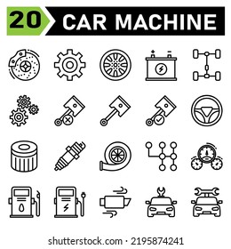 car machine icon set include brake, disc, brakes, automobile, service, gear, part, setting, cog, cog wheel, wheel, tires, car, assembling, tire, machine, battery, accumulator, repair, piston, forces