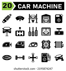 el conjunto de iconos de la máquina automovilística incluye el interruptor de choque, el servicio, el automóvil, la parte del coche, la lavadora, el limpiaparabrisas, el parabrisas, la rampa hidráulica, el gato, el elevación, la reparación, el automóvil, el garaje, el almacén, el frasco, el aceite