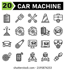 car machine icon set include car service, list, mechanic, repair, automobile, key, machine, motor, keys, lock, secure, toolkit, wrench, tools, service, cone, traffic, sign, workshop, gear, stick, car