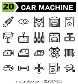 el conjunto de iconos de la máquina automovilística incluye el interruptor de choque, el servicio, el automóvil, la parte del coche, la lavadora, el limpiaparabrisas, el parabrisas, la rampa hidráulica, el gato, el elevación, la reparación, el automóvil, el garaje, el almacén, el frasco, el aceite