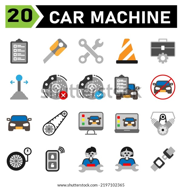 car machine icon set include car service, list,\
mechanic, repair, automobile, key, machine, motor, keys, lock,\
secure, toolkit, wrench, tools, service, cone, traffic, sign,\
workshop, gear, stick, car