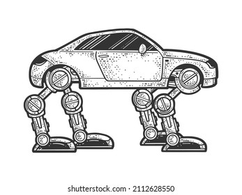 Car machine on mechanical robotic legs sketch engraving vector illustration. T-shirt apparel print design. Scratch board imitation. Black and white hand drawn image.