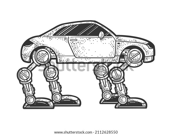 Car machine\
on mechanical robotic legs sketch engraving vector illustration.\
T-shirt apparel print design. Scratch board imitation. Black and\
white hand drawn image.