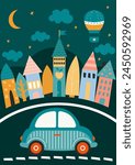 Car machine on street and cute houses in Scandinavian style in night time for children book, poster, flyer, print.  Vertical Market poster designs. Vector illustration page template A3
