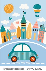 Car machine on street and cute houses in Scandinavian style for children book, poster, flyer, print.  Vertical Market poster designs. Vector illustration page template A3