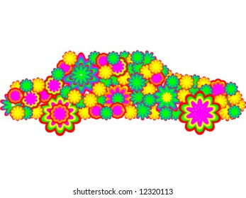 Car made of color flowers - vector illustration