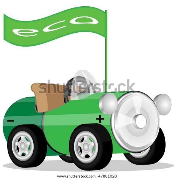 The car made of a\
storage battery and flag