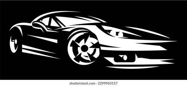 Car made of stylized white lines on a black background. Template or element for design.