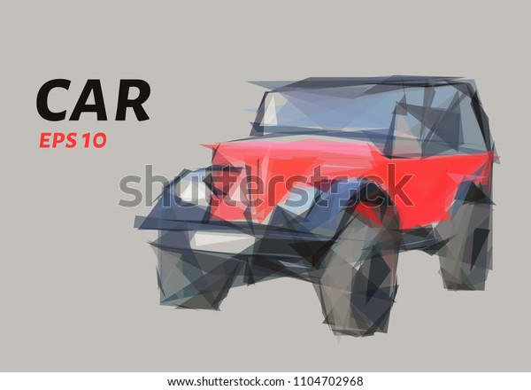 The car is made of triangles. Low poly red\
car. Vector illustration.