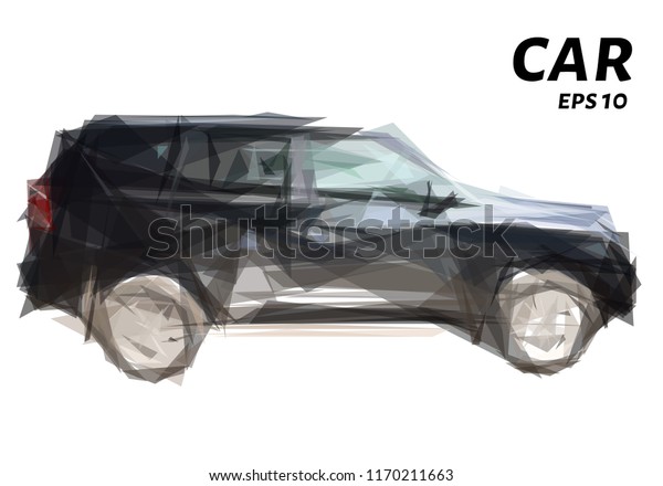 The car is made of triangles. The car is low\
poly. Vector illustration