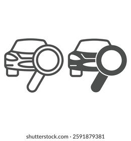 Car with magnifier line and solid icon, car service concept. Vector graphics. Automobile and magnifying glass, inspecting sign on white background, outline style icon for mobile or web design