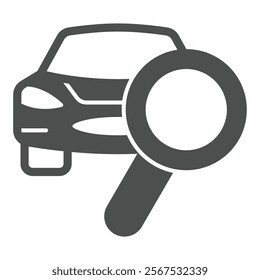 Car with magnifier solid icon, car service concept. Vector graphics. Automobile and magnifying glass, inspecting sign on white background, glyph style icon for mobile or web design