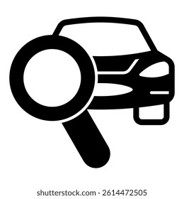 Car with magnifier solid icon, car service concept. Vector graphics. Automobile and magnifying glass, inspecting sign on white background, glyph style mobile or design