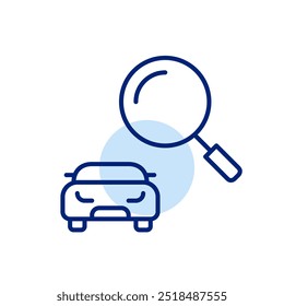 Car and magnifying glass. Vehicle search and analysis. Pixel perfect, editable stroke icon