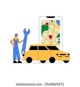 Car Maintenance Application With Yellow Car And Male Mechanic Holding Wrench On Smartphone Map Flat Vector Illustration About Repair Services, Navigation, And Convenience, Isolated On White