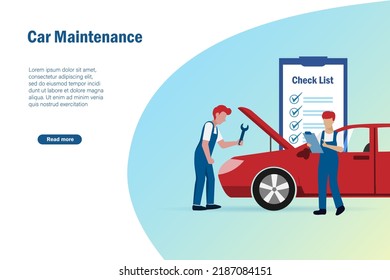 Car maintenance and auto repair service concept. Mechanician fixing and repairing car with check lists.